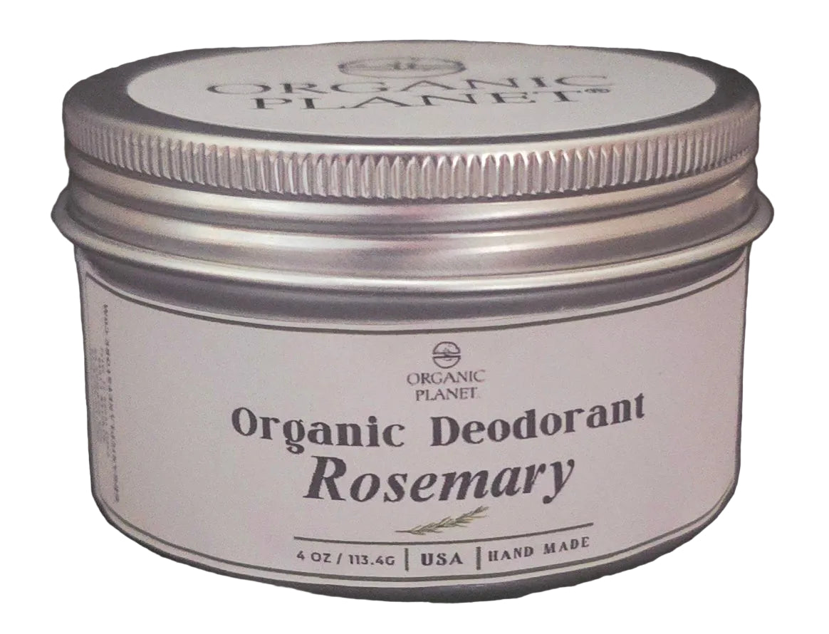A silver metal tin of Organic Planet Organic Deodorant Rosemary, featuring a white label with black text, set against a white background.