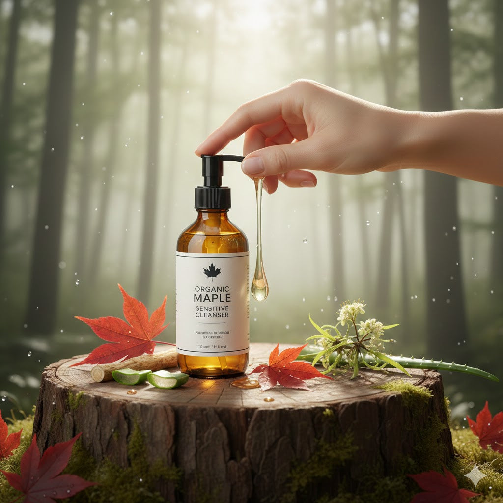 Organic Maple Sensitive Skin Cleanser bottle on a natural wood stump in a sunlit forest, showing 4oz amber glass packaging and maple leaf branding.