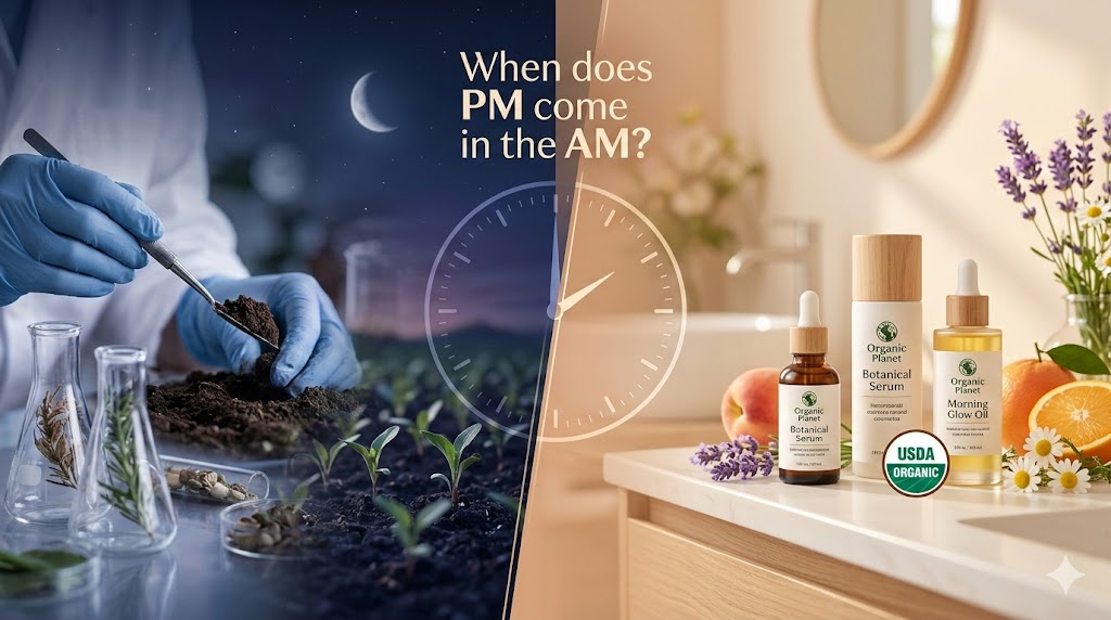 When does PM come in the AM? split screen showing USDA organic soil testing (PM) and morning botanical skincare (AM).