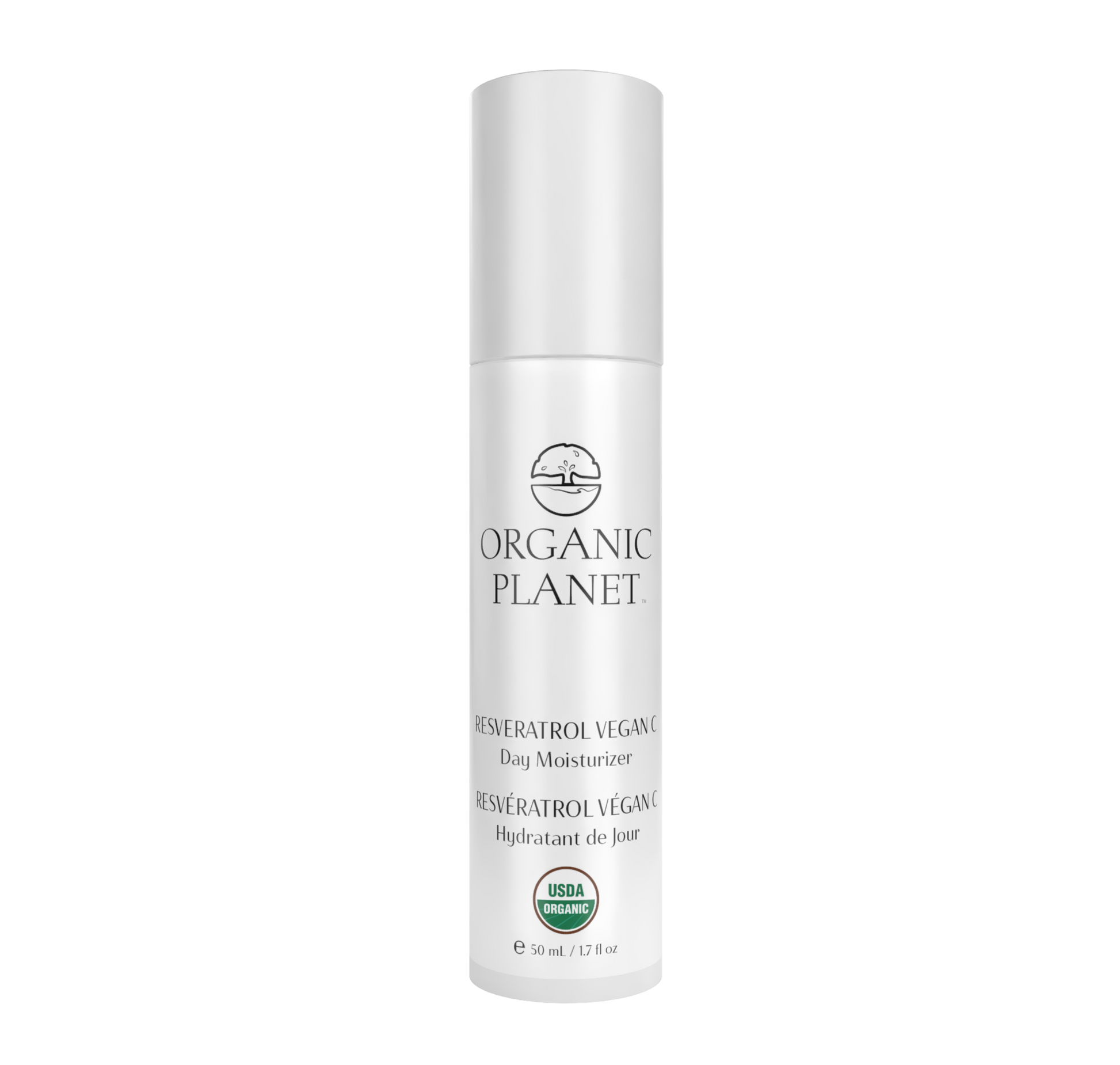 White bottle of Organic Planet vegan c day moisturizer on a white background