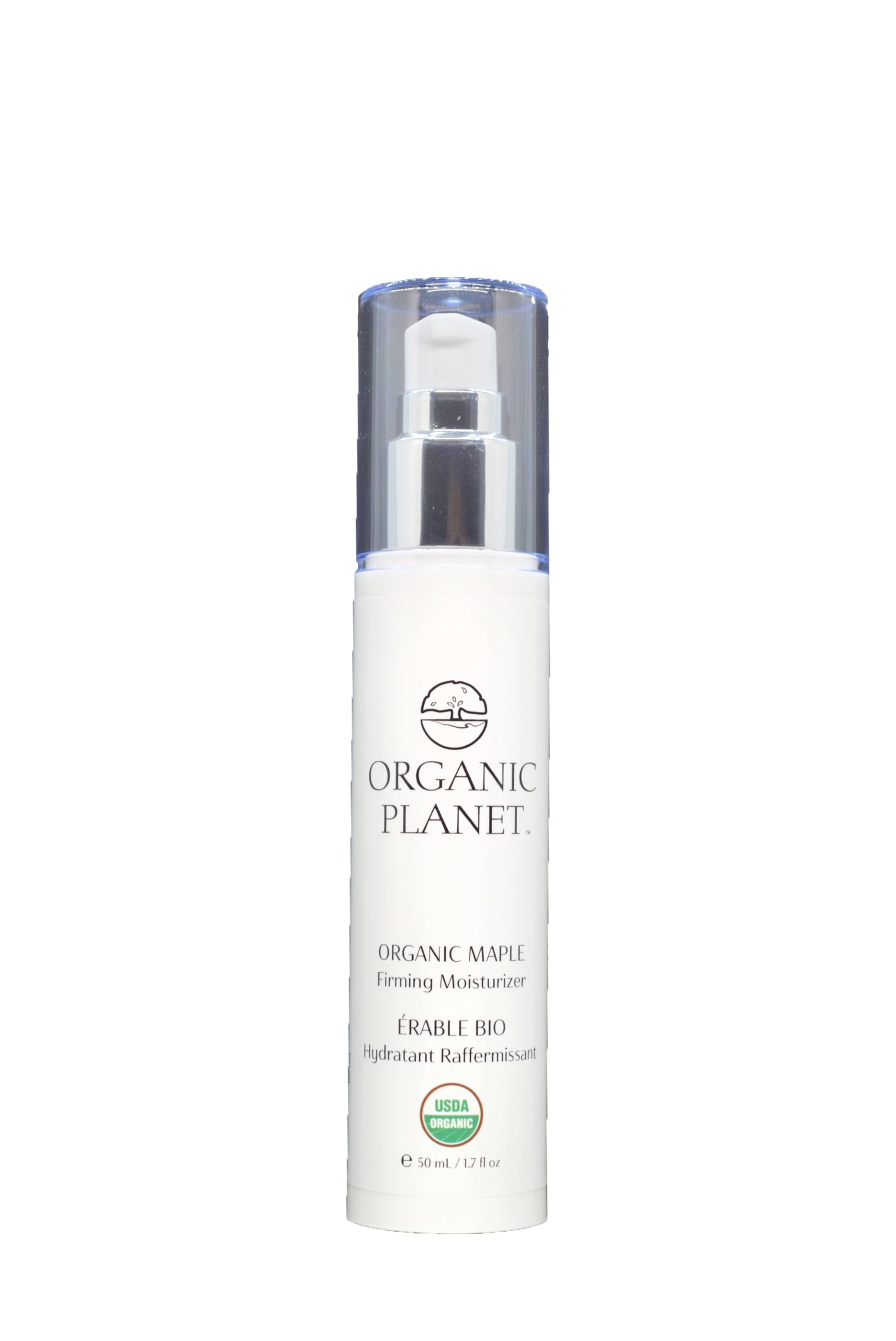 Skincare bottle labeled Organic Planet Maple Firming Moisturizer on a white background
