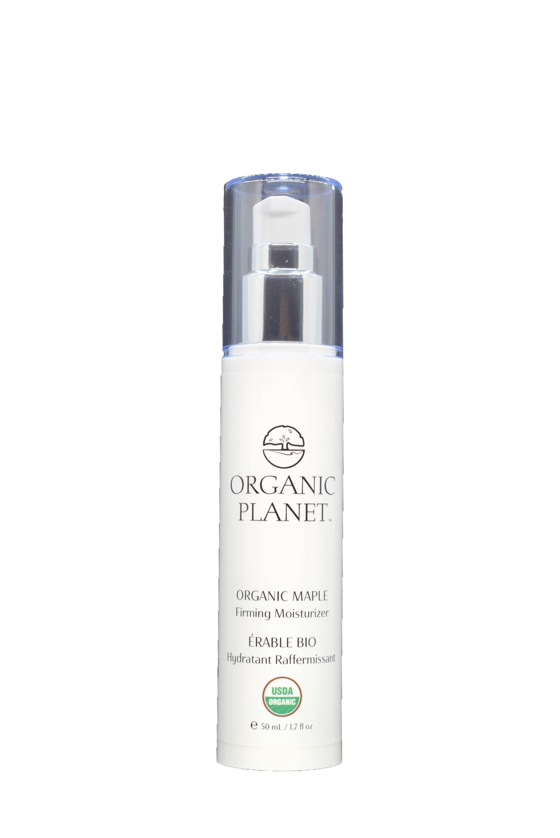 Skincare bottle labeled Organic Planet Maple Firming Moisturizer on a white background