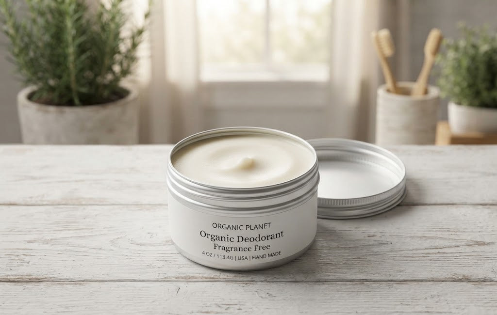 An open white metal tin of Organic Planet Organic Deodorant sits on a light wood tabletop with its lid beside it. The background shows a softly blurred indoor setting with potted plants and a window.