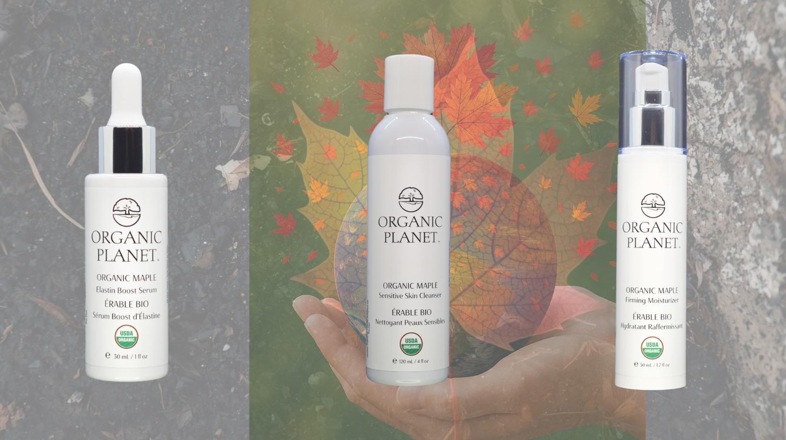 This comprehensive skincare bundle combines three maple-powered formulations designed to address multiple skin concerns. The Elastin Boost Serum works to enhance skin resilience and reduce visible signs of aging, the Sensitive Skin Cleanser provides gentle yet effective cleansing for reactive complexions, and the Firming Moisturizer delivers sustained hydration while promoting skin structure. USDA Organic Certified. Three bottles of Organic Planet skincare products with a background of autumn leaves.