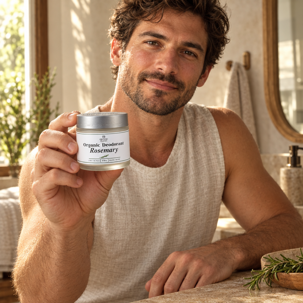 Man with Rosemary Deodorant in a sunlit bathroom