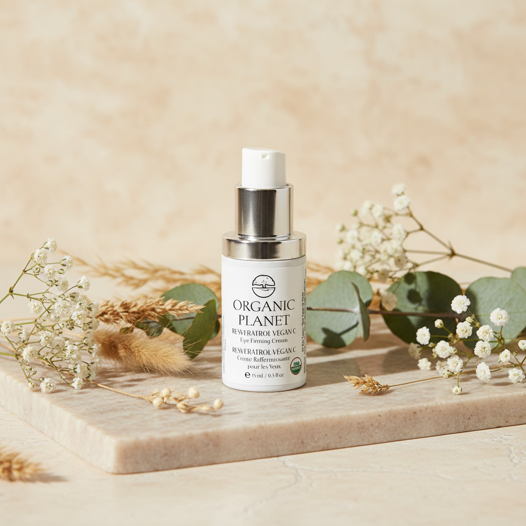 Packaging — Resveratrol Eye Cream with integrated botanical background