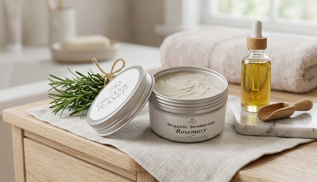 A silver tin of Organic Deodorant Rosemary sits on a linen surface beside a small dropper bottle of oil, a wooden spoon, and a sprig of rosemary in a softly lit bathroom-like setting.