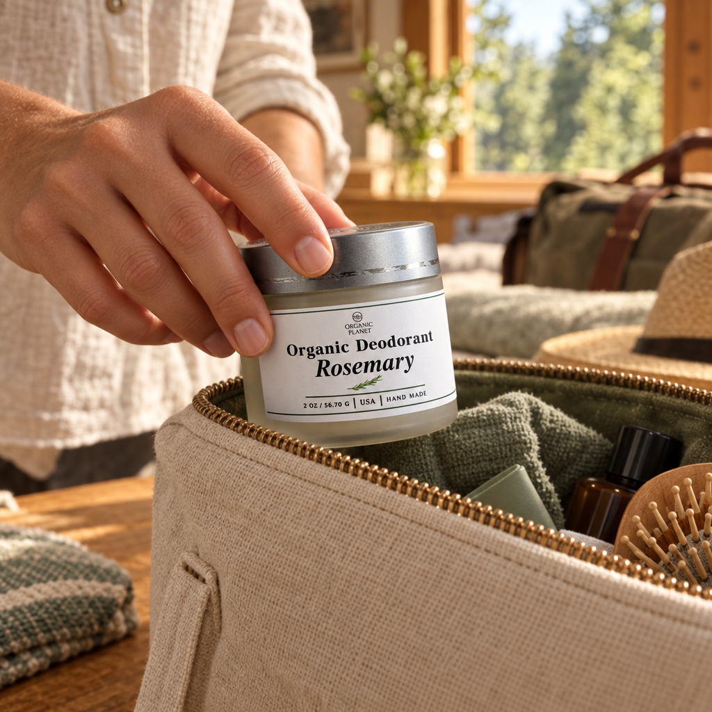 Rosemary Deodorant being packed in a travel toiletry bag