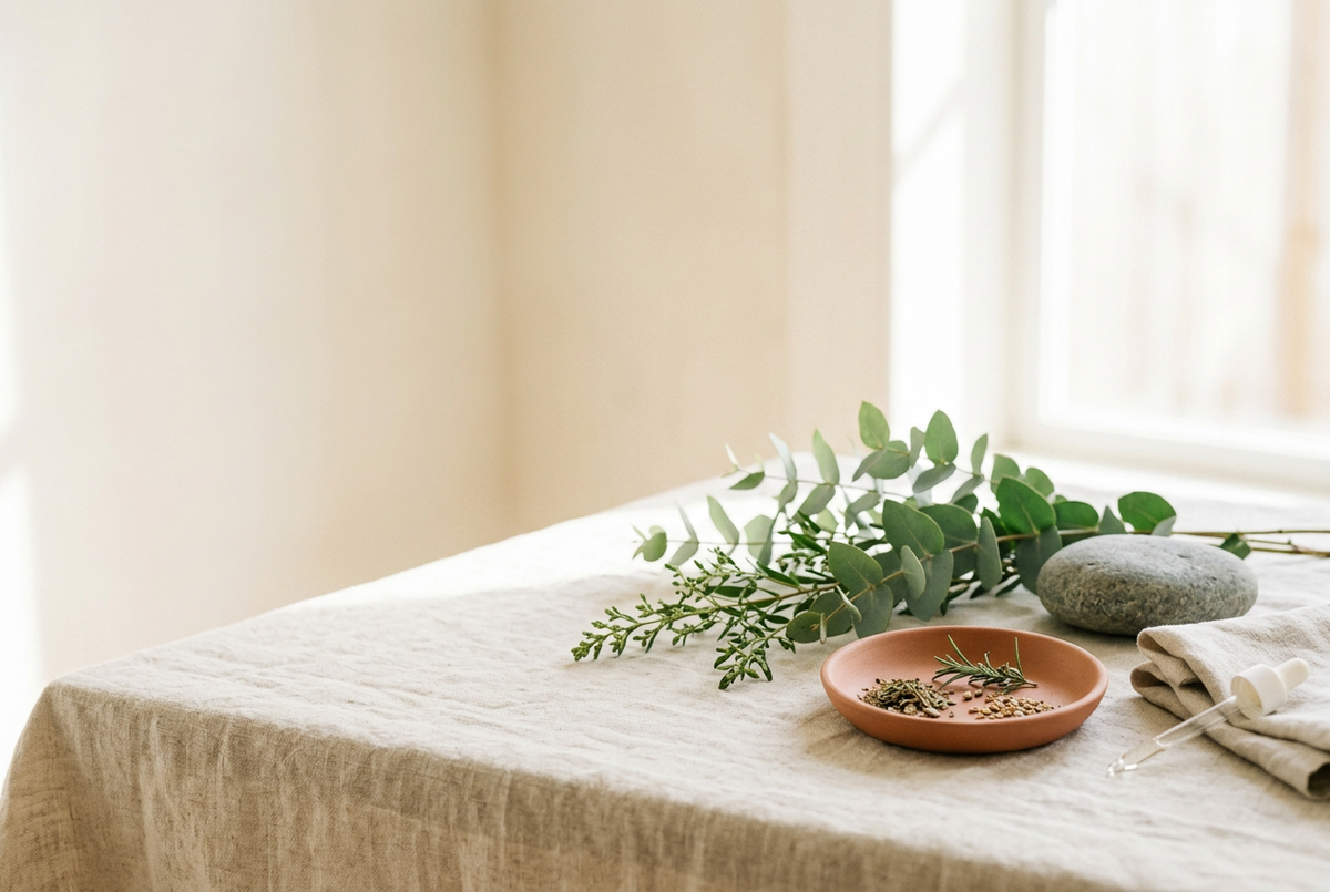 Warm spa-luxe Organic Planet hero scene with botanicals