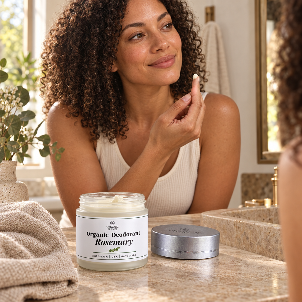 Woman using Rosemary Deodorant at her vanity